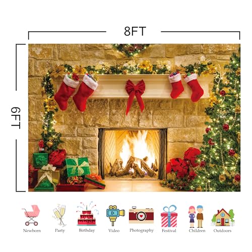 8x6ft Christmas Fireplace Theme Backdrop for Photography Tree Sock Decorations for Xmas Party Supplies Photo Background Pictures Banner Studio Decor Booth Props - size: 8ft by 6ft