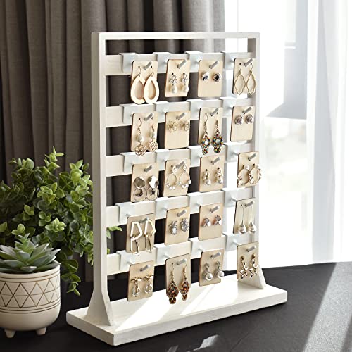 Ikee Design Free Assemble 2 Pcs Set Wooden Jewelry Display Rack with 20 Removable Metal Hooks/Each, Earring Card Display Holder Stand for Necklaces,Bracelet, Keychain Stand, Wash White - color: e) Wash White w/White Hook, 2 Pieces