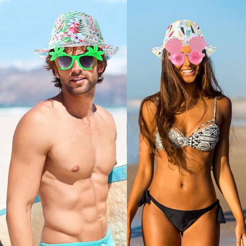 NICOWARM 6pcs Luau Fedora Hats, 6pcs Luau Party Sunglasses for Adults, with Luau Patterned includeing Flamingo, Pineapple, Photo Booth Props for Summer, Beach, Luau, Pool, Hawaiian Themed Parties