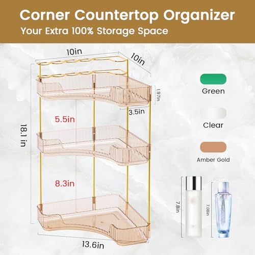 NATURE'S SOURCE Makeup Organizer for Vanity, 3-Tier Corner Bathroom Organizer Countertop with Makeup Brush Holder, Corner Counter Storage for Bathroom Dresser- Amber Gold - color: Amber Gold, size: 3-Tier