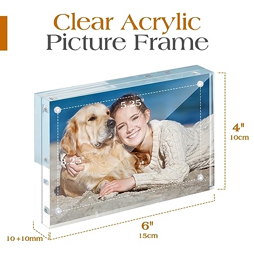 TWING 2 Pack Picture Frames Acrylic 4 x 6, Horizontal Magnet Double Sided 4x6 Picture Frame, 10+10MM Thick Clear Frameless Desktop Display Self Standing Magnetic Acrylic Block Photo Frame Gift Ideal - size: 4x6" 2pack