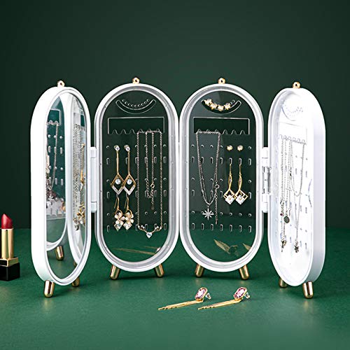 Foldable Earring Holder Jewelry Organizer Box with Mirror, 4-Layer Dustproof Earring Necklace Display Stand Jewelry Box with 153 Holes for Women and Girls, Gifts for Girl (White) - color: White