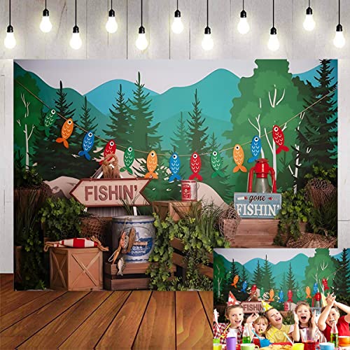 Gone Fishing Photography Background Forest Green Plants Boy Child Birthday Party Cake Smash Portrait Backdrop Baby Shower Party Photo Booth Props,7x5ft - size: 7X5FT