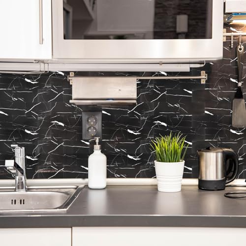 10 Sheets Black Marquina PVC Subway Tiles Peel and Stick Backsplash,12''Heat Resistant Stick on Tiles for Kitchen,Waterproof Peel and Stick Wall Tiles for Bathrrom - color: Black Marquina