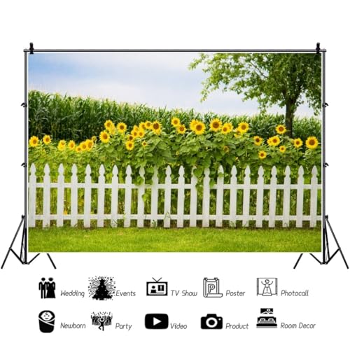 Leyiyi Spring Natural Scenery Backdrop 12x8ft Photography Backdrop Blossoming Yellow Sunflowers Tall Lush Tree White Wooden Textured Fence Family Children Baby Girl Personal Portraits Studio Props - size: 12x8ft