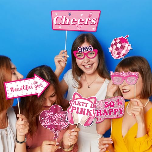 30Pcs Pink Girl Birthday Photo Booth Props with Sticks,Hot Pink Girls Birthday Party Decoration Supplies for Girls Women Disco Night Bachelorette Party Photo Booth Props