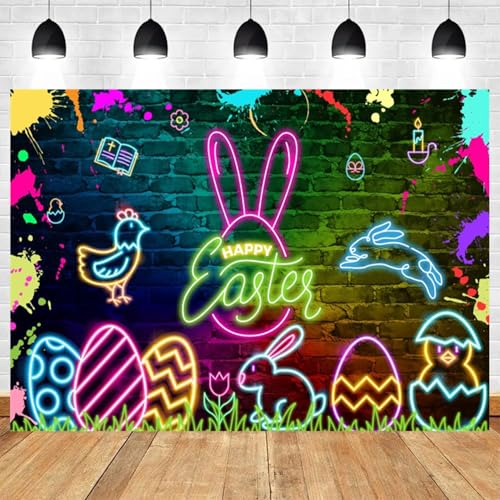 5x3ft Happy Easter Backdrop Neon Bunny Chick Eggs Brick Wall Background Easter Party Decorations Spring Neon Theme Banner Holiday Party Supplies - color: color 12, size: 5x3ft