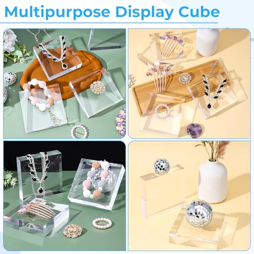 4Pcs Acrylic Blocks for Display 4 x 4 x 1 Inch Clear Acrylic Square Display Block Lucite Blocks Clear Polished Cube Risers Solid Jewelry Pedestal Stand for Jewelry Perfume Ring Collection Props Cake