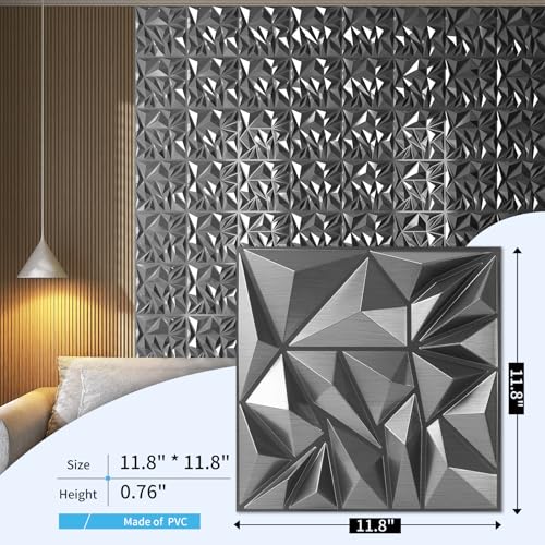 Art3d 33-Pack 3D Wall Panels - Diamond Textured Feature Paneling for Gaming, Living Room, TV Wall - 12 x 12 inch Silver - color: Silver, size: 12x12 Inch 33 pcs