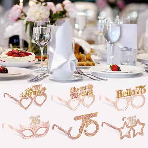 Guiruiy 24PCS 75th Birthday Eyeglasses Decorations for Women, Pink Rose Gold Happy 75th Birthday Paper Eyeglasses Party Supplies, Seventy five Year Old Bday Glasses Decor - style: Rose Gold 75th