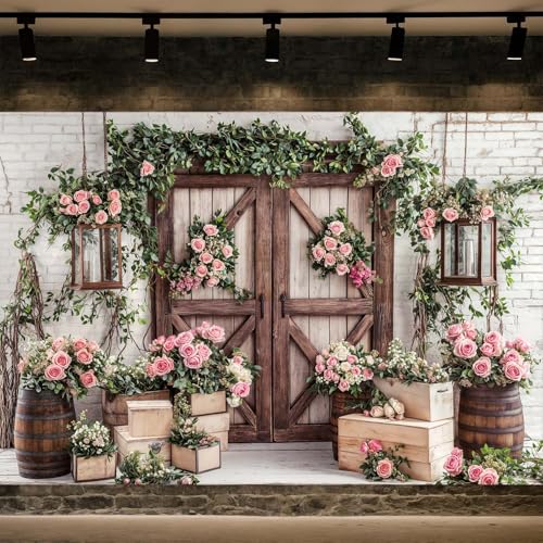 5x4ft Country Wedding Photography Backdrop Floral Rustic Roses Farmhouse Wooden Door Backdrop Pink Flower Birthday Baby Shower Wedding Bridal Party Banner Photo Booth Props Anniversary Background - color: Multi4, size: 5X4FT