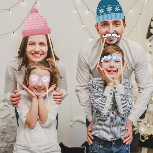 20PCS Snowman Photo Booth Props Winter Wonderland Booth Props Snowflake Frozen Party Decorations for Winter Holiday Christmas Party Supplies