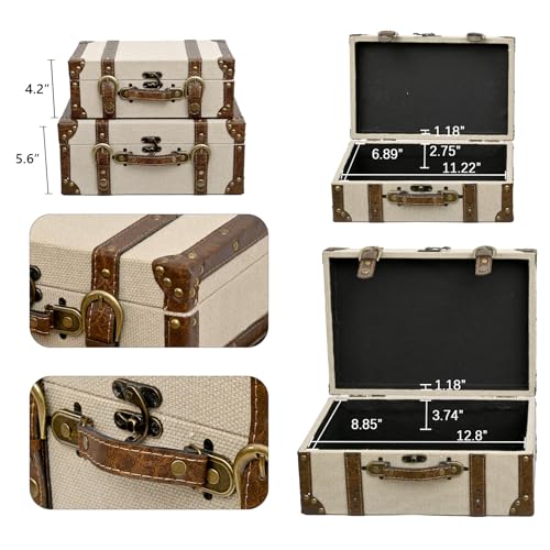 DECOR4SEASON Rustic Linen Decorative Storage Trunk Set, Vintage Canvas Fabric Nested Treasure Chests with Brown PU Leather Trim and Brass Accents, Set of 2 Faux Suitcase Home Decor Boxes - color: Natural Linen, size: 13.7" & 12" (Set of 2)