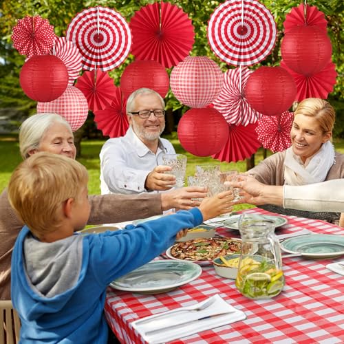 Moukeren 33 Pcs Picnic Party Decorations Set Paper Lanterns Red and White Checkered Gingham Pennant Banner with Hanging Paper Fans Tablecloth for Carnival Picnic BBQ Party Supplies