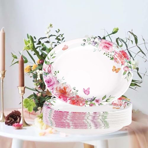 Grencian 50Pcs Floral Oval Paper Plates 10" x 12" Disposable Pink Rose Floral Party Plates Spring Pink Flower Dinnerware for Wedding Tea Party Birthday Bridal Baby Shower Mother's Day Decorations - style: 50Pcs Pink Oval Floral Kit