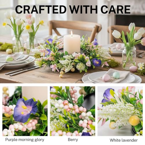 MOYEE Candle Holder Centerpieces for Tables,Candle Ring,Wreaths, Black Metal Candle Stick Paired Artificial Flowers 14 in Versatile Dining Table Centrepiece - color: Purple Trumpet Flower Wreath