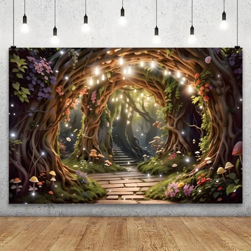 YongFoto Enchanted Forest Backdrop 8x6ft Wildflowers Firefly Mushroom Spring Garden Fairy Tale Wonderland Photography Background Kids Birthday Party Banner Portraits Photoshoot Wallpaper Props - color: Style 2, size: 8ftx6ft