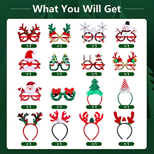 Atonofun Christmas Party Favors, 16 Pcs Glittered Headbands and Glasses Frames Set With Assorted Design for Party Supplies, Gifts for Adults Kids
