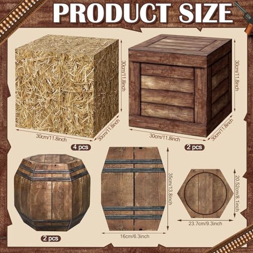 Threehoney 8 Pcs Western Cowboy Party Decorations 11.8 Inches Summer Halloween Hay Bales Boxes Decor Include Wood Grain Wine Barrel Boxes Hay Decoration for Pirate Farmhouse Western Themed Party