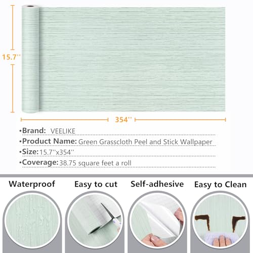 VEELIKE Light Green Grasscloth Peel and Stick Wallpaper Textured Grass Cloth Wallpaper 15.7''x354'' Removable Faux Linen Fabric Vinyl Self Adhesive Green Contact Paper for Cabinets Bedroom Bathroom - color: Light Green, size: 15.7" x 354"