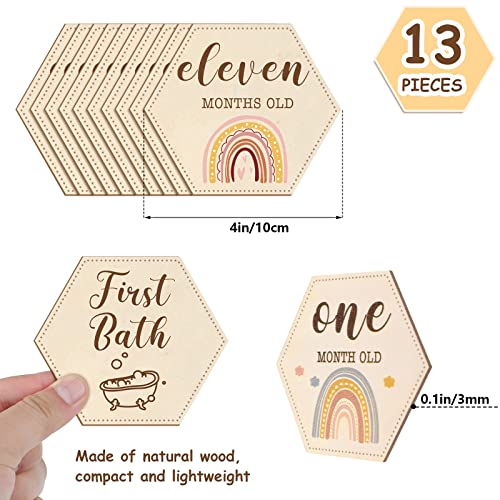 Amyhill 13 Pcs Wooden Baby Monthly Milestone Cards Signs Double Sided Milestone Discs Baby Shower Boho Photo Props Gifts Birth Announcement Signs Pregnancy Journey Growth Marker(Rainbow)