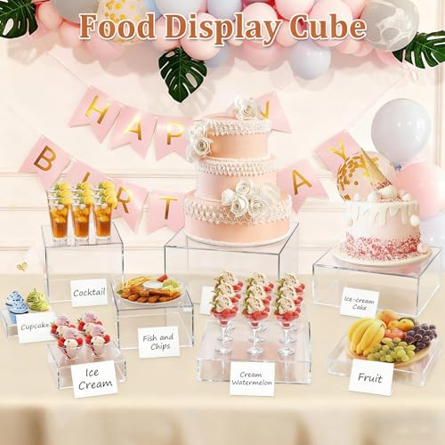 SUNEZLGO 8PCS Buffet Risers, Acrylic Large Food Risers with Mini Signs, Buffet Table Acrylic Cube Display Stands Clear Box Risers for Party Catering Dessert Jewelry Nesting Risers with Hollow Bottom - color: Clear