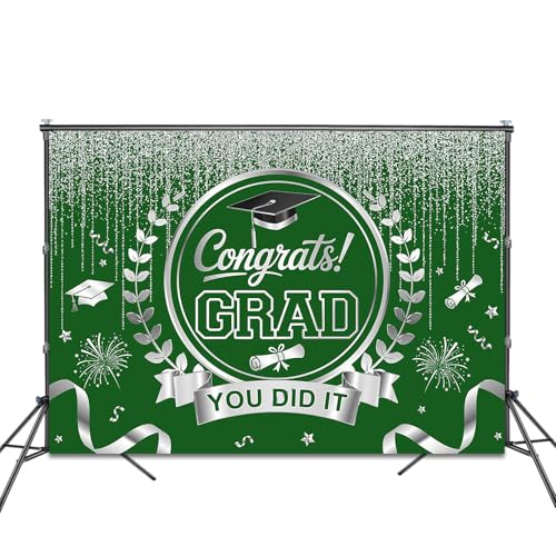 Graduation Backdrop Congrats Grad You Did It Party Decorations Background Congratulations Graduate Class of 2026 Banner Photo Booth Props (Green and Silver, 7x5ft) - color: Green and Silver