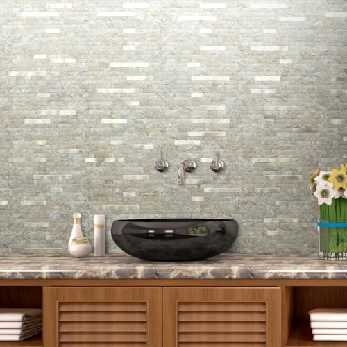 AULIGET 2 Sheets Faux Stone Peel and Stick Backsplash, Sandstone with Champagne Gold PVC Wall Tiles Stick on Backsplash for Kitchen - color: Sandstone + Champagne Gold, size: 2 Sheets, 6"x12"x0.12"