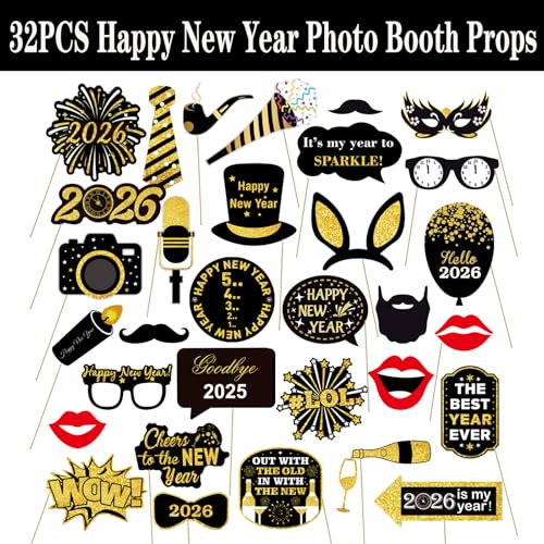 32PCS Funny New Year Photo Booth Props, Inflatable New Year Photo Booth Frame, Happy New Year Selfie Frame for New Year Party Supplies - color: Black New Year