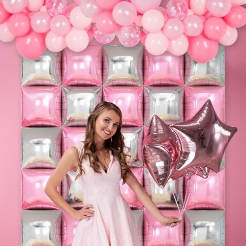 Pink Silver Square Foil Balloon Wall,25Pcs Double Sided Balloons Backdrop Helium Balloon Tunnel Arch Garland Kit for Christmas Birthday Bridal Anniversary Baby Shower Party Decorations - style: Pink Silver