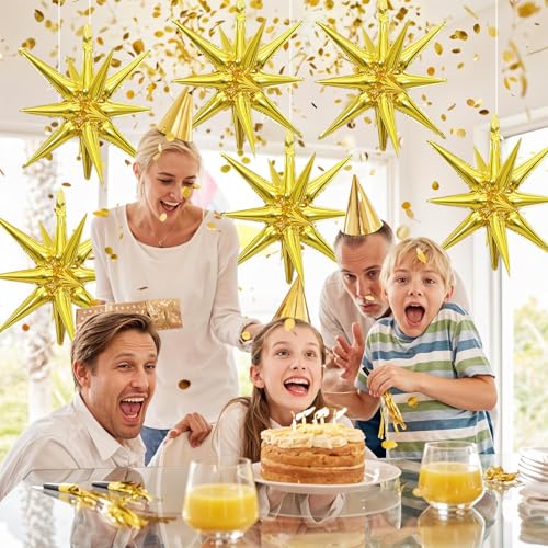 6Pcs Gold Star Foil Balloons, 22 Inch Metallic Gold Explosion Star Cone Spike Balloons Large for Birthday Graduation Wedding Anniversary New Year Party Backdrop Decorations - color: Gold
