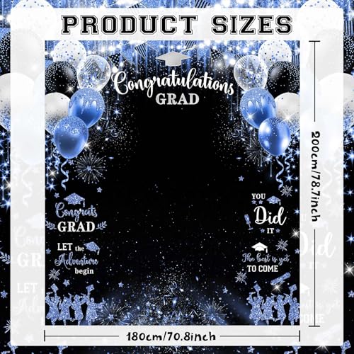 MEHOFOND Class of 2026 Graduation Backdrop Blue Silver Photo Booth Background Banner, Congrats Grad Graduation Party Decor for Prom and Graduate Celebration 70.9x78.7in - color: Blue