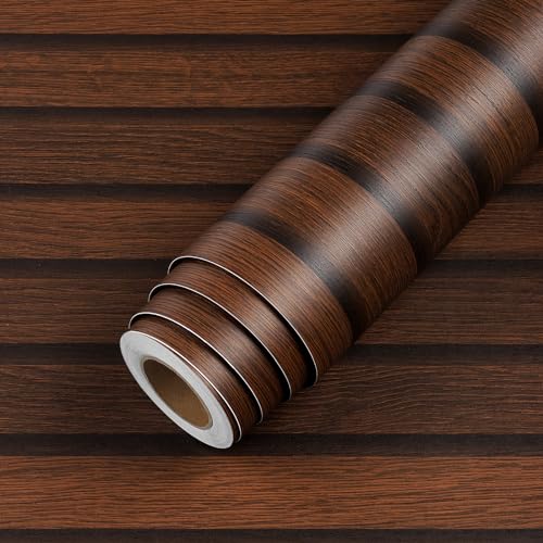LACHEERY 15.8"x276" Brown Slat Wood Peel and Stick Wallpaper Dark Wood Panel Wallpaper Removable Self Adhesive Wooden Slats Wallpaper Wood Contact Paper for Bedroom Living Room Walls Waterproof Vinyl - color: Dark Brown, size: 15.8" x 276"