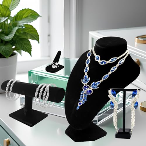 6 Pcs Velvet Jewelry Display Set- Velvet Necklace Bust Holder Mannequin Bust & T-Bar 2 T Shape Earring Stand 2 Ring Finger Jewelry Holder Bracelet Organizer for Jewelry Showcase