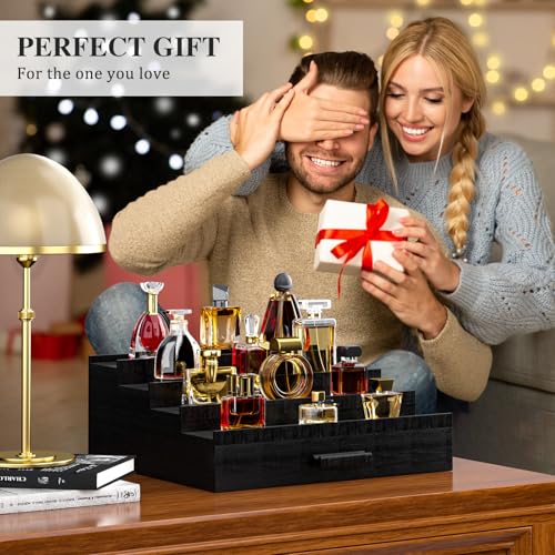 Vdamu Cologne Organizer for Men,4 Tier of Elevated Cologne Display Stand with Drawer Storage,Wood Cologne Display,Perfume Organizer and Storage Display Risers,Great Gift for Men (Black) - color: Black