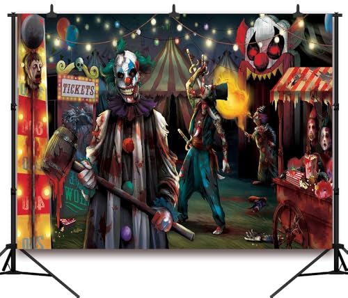 8x6 FT Halloween Evil Circus Clown Theme Backdrop Haunted House Horror Scary Evil Circus Clown Creepy Carnival Birthday Party Decorations Photography Background Banner Studio Props, Clear - size: 8x6 FT