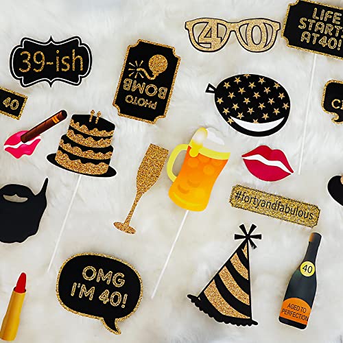 40th Birthday Photo Booth Props - 41 Pcs Black and Gold Decor, Funny Milestone Party Supplies for Men & Women, Retro 1986 Theme Selfie Station Accessories for Surprise Party, 40th Celebration Bash