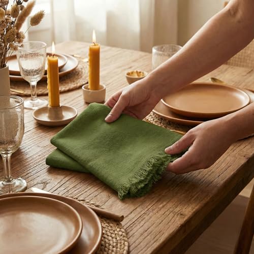 ACCENTHOME Olive Green Cotton Linen Napkin Set of 12 18x18 inch Dinner Napkins - Washable Soft Premium Hotel Quality Reusable Hemmed Edges Napkins Perfect Table Linens for Family Dinners, Weddings - color: 04 - Olive Green, size: 18"x18" - Pack of 12