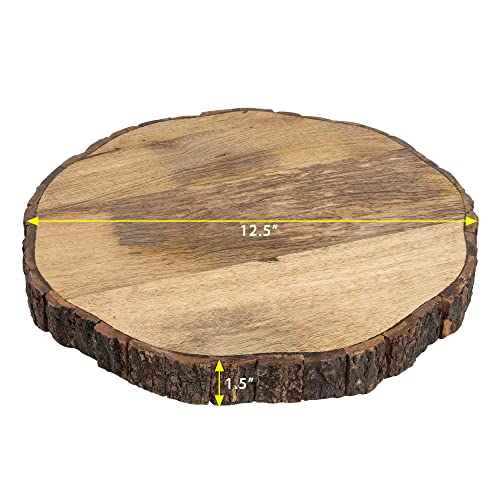 GoCraft Wooden Round Cutting Board with Tree Bark Rim | 1.5" Thick Mango Wood Live Edge Chopping, Prep, Serve Board | Charcuterie Platter - 12.75"