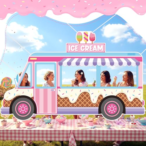 Haull Ice Cream Birthday Truck Photo Prop Ice Cream Frame Decoration Large Fabric Backdrop Banner Carnival Themed Photo Booth Prop Background for Summer Holiday Baby Shower Birthday Party - style: Ice Cream