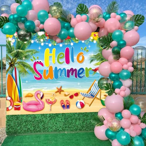 Hello Summer Backdrop Hawaiian Seaside Beach Photography Background Pool Party Background Hawaiian Tropical Themed Party Decorations Banner (7x5FT(210x150cm)) - size: 7x5FT(210x150cm)
