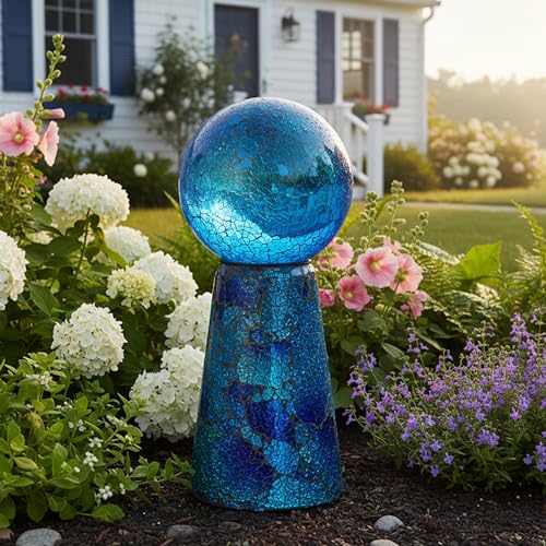 Sunnydaze Glass Gazing Ball Stand for Gazing Globes - Outdoor Mosaic Sphere Holder & Pedestal for Backyard or Patio Decoration - Deep Ocean Swirl - color: Deep Ocean Swirl
