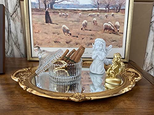 Schones Geschaft Decorative Mirror Tray, Makeup Jewelry Perfume Organizer,Vintage Oval Display and Serving Tray for Bedroom Living-Room Dresser Decor (14.6”x 9.8”) (Golden - Oval) - color: Golden - Oval