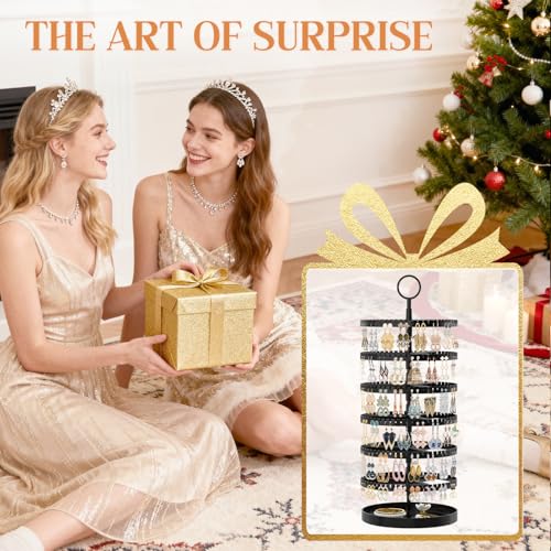 iDavosic.ly 6 Tier Rotating Earring Holder Organizer with Metal Tray, Adjustable Plastic Dangle Display Stands Tree with 342 Grooves, Large Hoop Storage Rack Tower, Black - color: Black, size: 6 Tiers