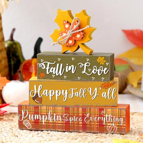 Geelin 4 Pcs Thanksgiving Decorations Fall Wooden Sign Maple Leaves Thanksgiving Pumpkin Table Centerpiece Tiered Tray Decor Fall Wood Blocks Tiered Tray Decor Table Top Sign for Home - style: Maple Leaves