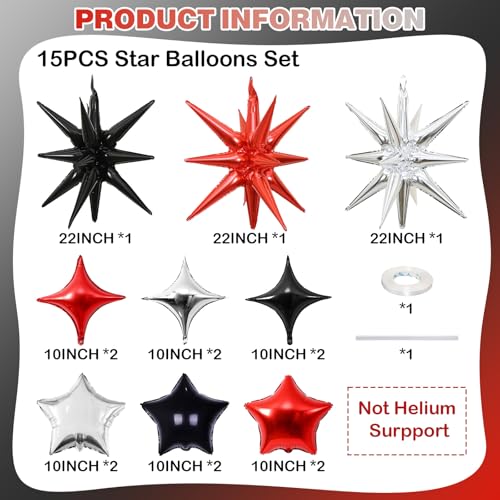 Star Balloons, 22in Red Black and Silver Star Balloons Foil 10in 4-Pointed & Pentagram Balloon for Graduation New Year Wedding Birthday Party Decorations - color: Black Red Silver