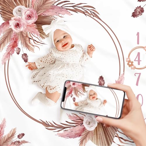 Floral Boho Baby Monthly Milestone Blanket Little Girl Bohemian Photo Prop Blanket Personalized Bliss Baby Present Pampas Grass Ideas for Newborn Princess Pinkk Nursery Décor 40" X 50"