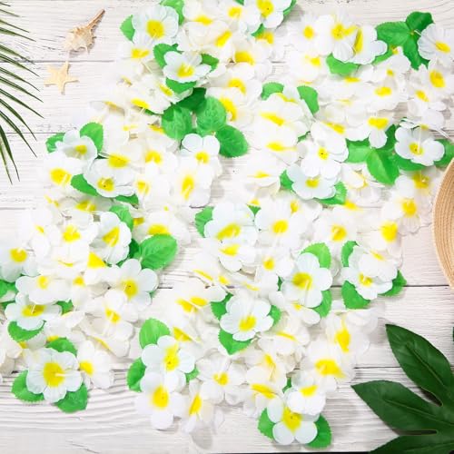 Hoteam 24 Counts Yellow White Hawaiian Leis Necklace Tropical Flower Lei Floral Luau Party Decorations Hawaiian Flower Luau Necklaces Hula Dance Garland Headbands for Beach Birthday Wedding Party - color: Yellow White