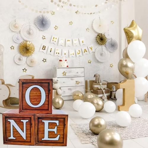 One Boxes for 1st Birthday Wood Grain, One Balloon Box, Baby Girl 1 Year Old Gifts, 1st Birthday Party Supplies Boy, 1 Year Anniversary Decorations Photoshoot Props Backdrop. (Wood Grain) - color: Wood Grain