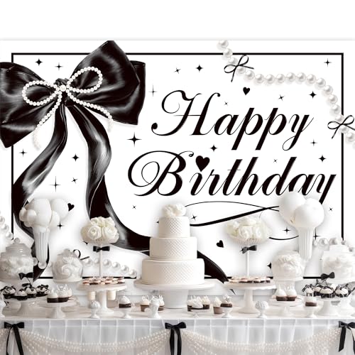 Newsely Black Bow Happy Birthday Banner Backdrop 7Wx5H Photography Black White Pearls Bowknot Balloons Girly Female Background Aesthetic Pretty Bday Party Decorations Banner Photo Booth Props Supplies - color: F-black bow, size: 7Wx5H